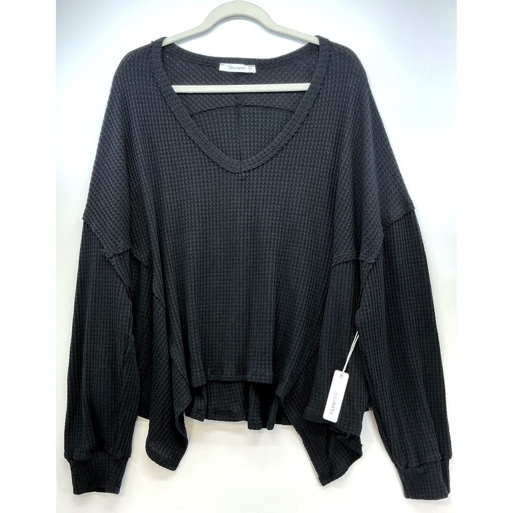 Six Fifty Black Waffle Knit Oversized V Neck Top Sz XL NWT Boho Lagenlook Lounge